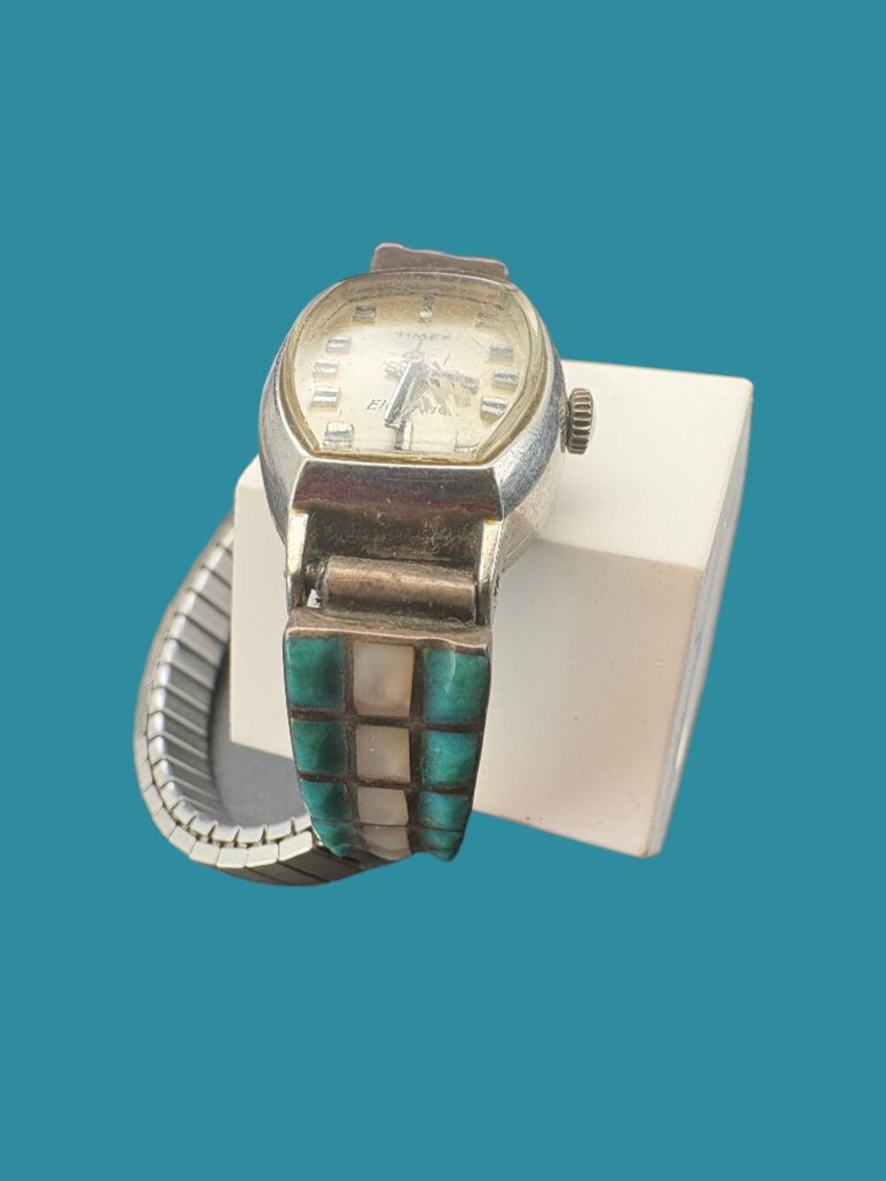 Timex Electric Watch (West German) Native American Handmade Band Turquoise Inlay